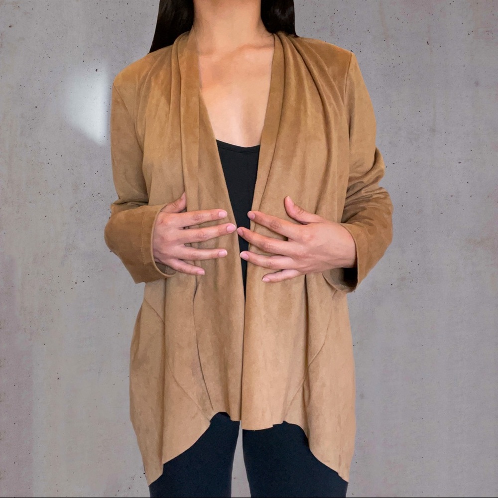 Waterfall Draped Open Front Faux Suede Cardigan • Size Medium